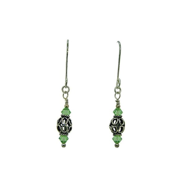 Fat Dog Silver Beads & Swarovski Peridot Green Crystals Drop Dangle Earrings - Picture 7 of 7